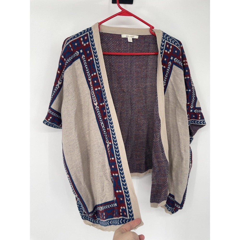 Mi ami Sweater Poncho Southwestern Aztec Tan Burgundy Blue Oversize Women's L